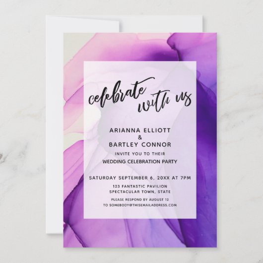 Paarse Inkten Feest met Ons Trouwreceptie Kaart (Voorkant)