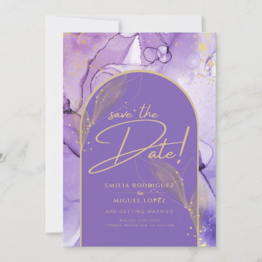 Paarse inktlavendel en Gold Paars sparen de datum Kaart (Voorkant)