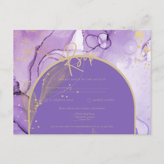 Paarse inktlavendel en gouden Paarse bruiloft RSVP Briefkaart (Voorkant)