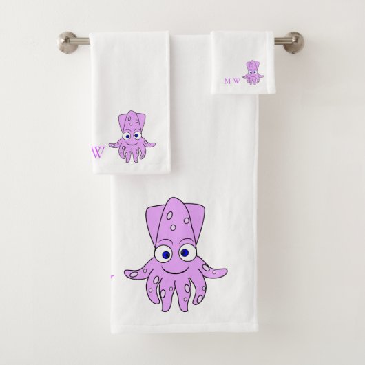 Paarse Inktvis Ontwerp met Monogram Bad Handdoek (Insitu)
