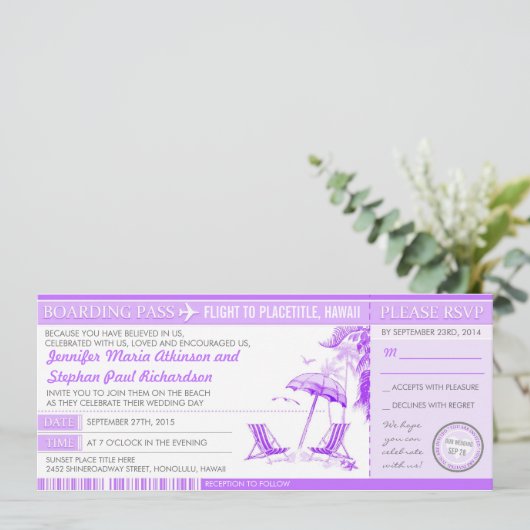 paarse instapkaart tickets huwelijksuitnodigingen kaart (Staand voorkant)