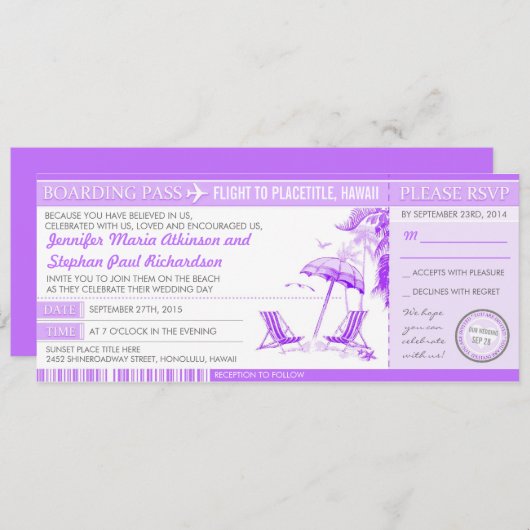 paarse instapkaart tickets huwelijksuitnodigingen kaart (Voorkant / Achterkant)