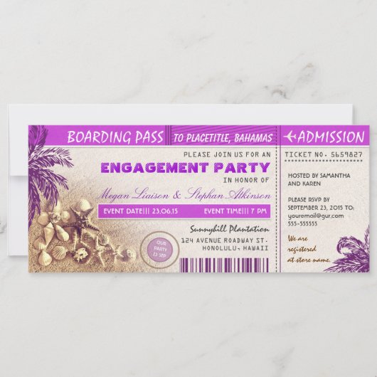 paarse instapkaart tickets voor Engagement Party Kaart (Voorkant)