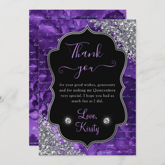 Paarse Iridescent Mermaid Letters Quinceanera Bedankkaart (Voorkant / Achterkant)