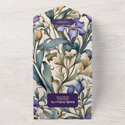 Paarse iris art nouveau bruiloft all in one uitnodiging (Buitenkant)