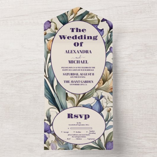 Paarse iris art nouveau bruiloft all in one uitnodiging (Binnen)