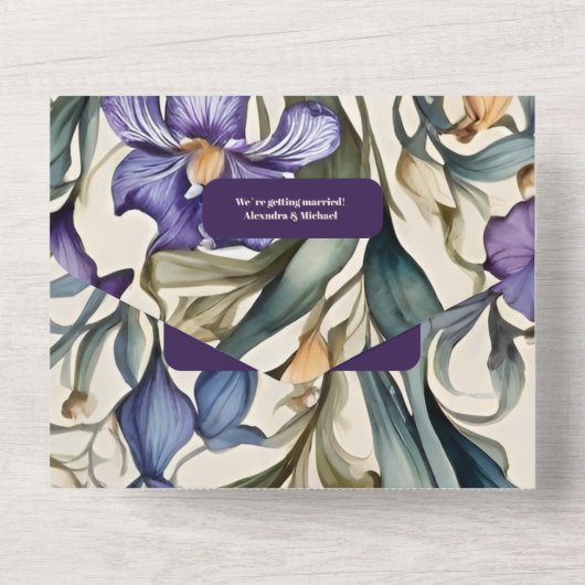 Paarse iris art nouveau bruiloft all in one uitnodiging (Achterkant)