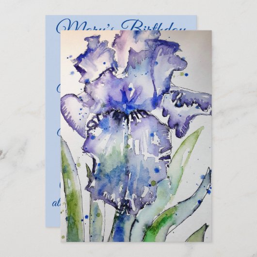 Paarse Iris Art Waterverf Birthday Uitnodiging (Voorkant / Achterkant)
