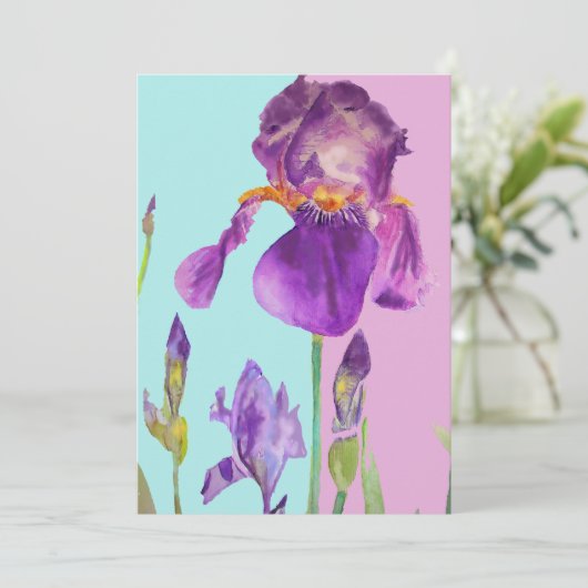 Paarse Iris Art Waterverf Birthday Uitnodiging (Staand voorkant)