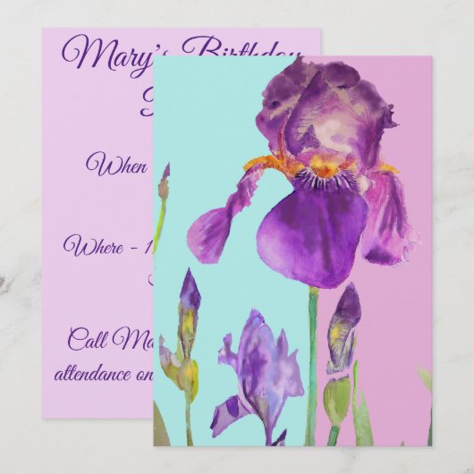 Paarse Iris Art Waterverf Birthday Uitnodiging (Voorkant / Achterkant)