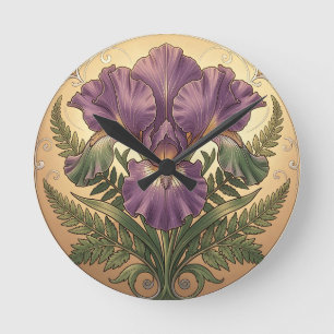 Paarse Iris Bloem Art Nouveau Sierlijke Lijst Ronde Klok