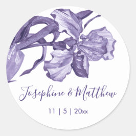 Paarse iris bloem bruiloft ronde sticker