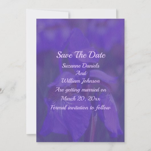 Paarse iris bloem bruiloft save the date (Voorkant)