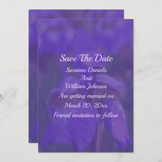 Paarse iris bloem bruiloft save the date (Voorkant / Achterkant)