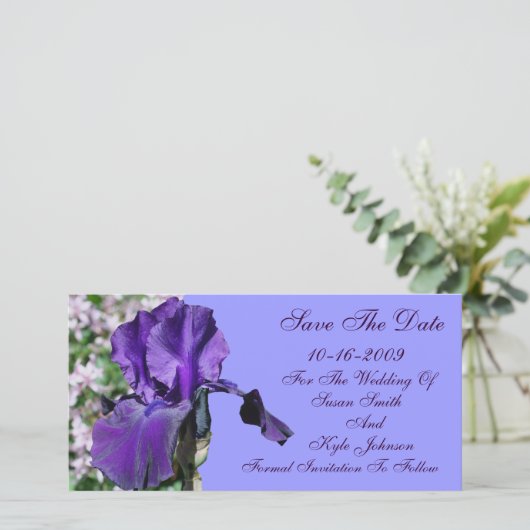 Paarse Iris Bloem Trouwen Datum Besparen Save The Date (Staand voorkant)