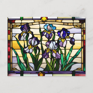 Paarse Iris Bloemen Gebrandschilderd Glas Briefkaart