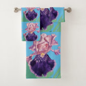 Paarse Iris bloemen Waterverf Blauwgroen doekset Bad Handdoek (Insitu)