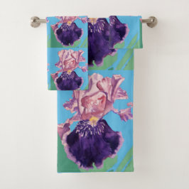 Paarse Iris bloemen Waterverf Blauwgroen doekset Bad Handdoek