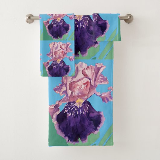 Paarse Iris bloemen Waterverf Blauwgroen doekset Bad Handdoek (Insitu)