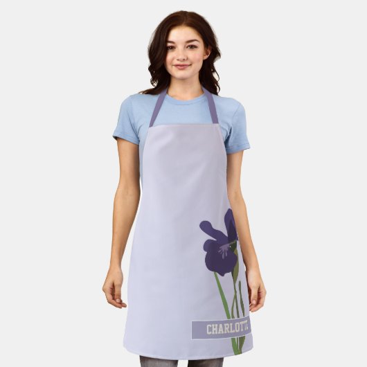 Paarse iris bloemige aangepaste naam schort (Gedragen)