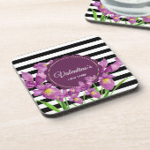 Paarse Iris Botanical Black White Striptern Patter Bier Onderzetter (Linkerzijde)