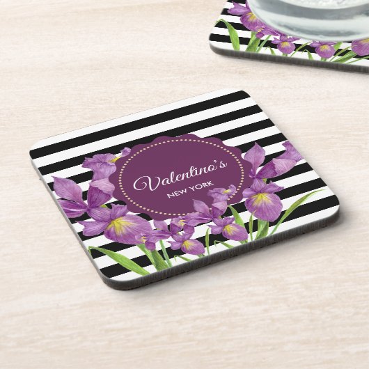 Paarse Iris Botanical Black White Striptern Patter Bier Onderzetter (Linkerzijde)