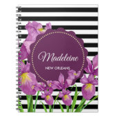 Paarse Iris Botanical Black White Striptern Patter Notitieboek (Voorkant)