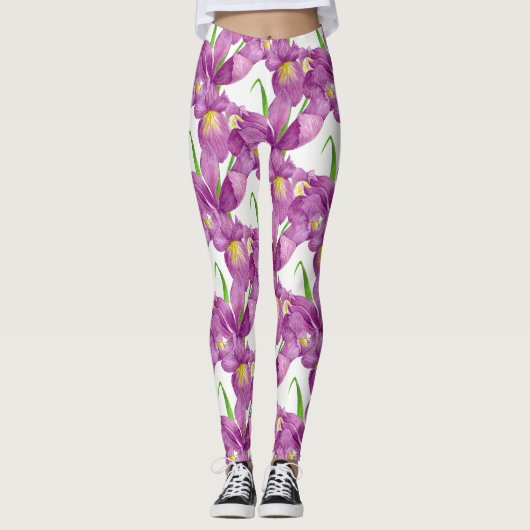 Paarse Iris Botanische Floral Kunst Leggings (Voorkant)