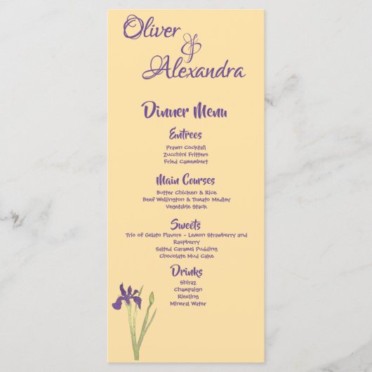 Paarse Iris & Butter Yellow Waterverf Wedding Menu (Voorkant)