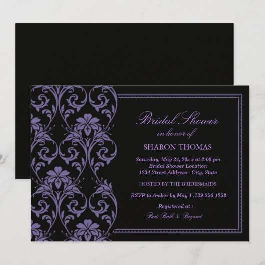 Paarse Iris Damask | Uitnodiging voor bruidsdouche (Voorkant / Achterkant)