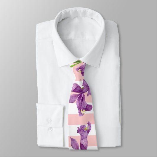 Paarse Iris flesvormige Floral roze witte strepen Stropdas (Gebonden)