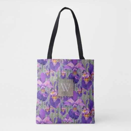 Paarse Iris Floral Monogrammed Initiaal Tote Bag (Voorkant)