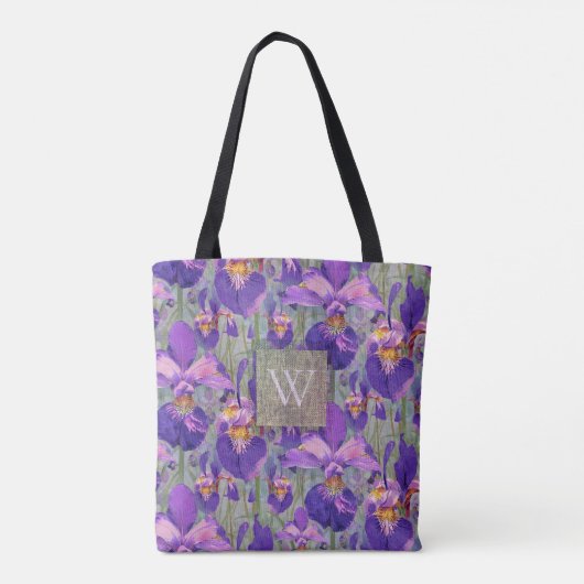 Paarse Iris Floral Monogrammed Initiaal Tote Bag (Achterkant)
