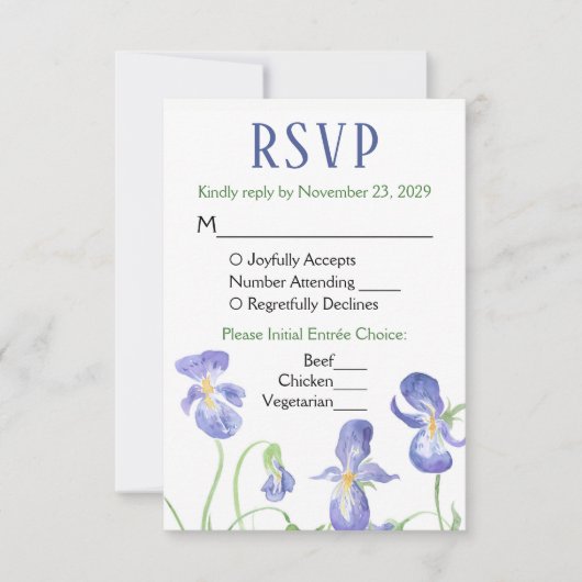 Paarse Iris Floral RSVP Wedding Response Mal Menu (Voorkant)