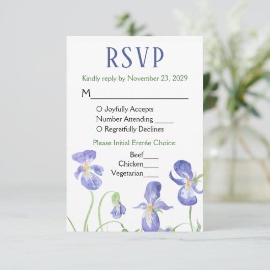 Paarse Iris Floral RSVP Wedding Response Mal Menu (Staand voorkant)