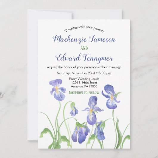 Paarse Iris Floral Wedding Invitation Kaart (Voorkant)