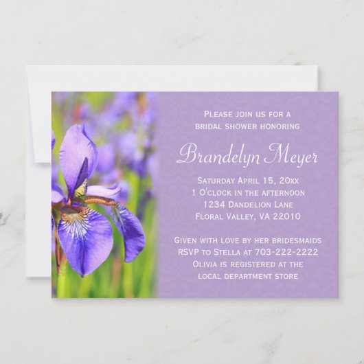 Paarse Iris Flower Damask Bridal Shower Invitation Kaart (Voorkant)