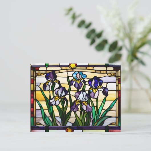 Paarse Iris Flowers Glas in lood Briefkaart (Staand voorkant)