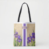 Paarse Iris Flowers Monogram Faux Burlap Jute Tote Bag (Voorkant)