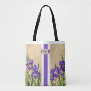 Paarse Iris Flowers Monogram Faux Burlap Jute Tote Bag