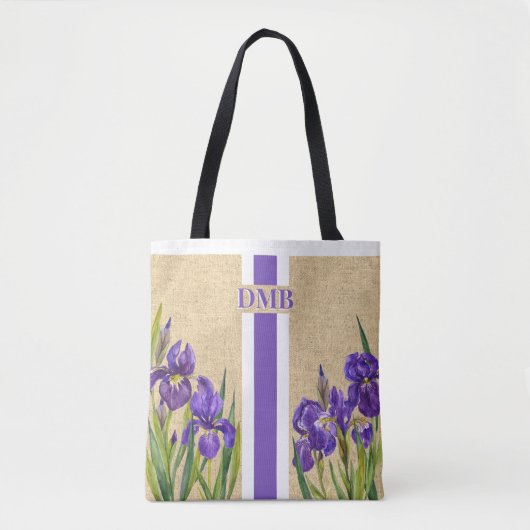 Paarse Iris Flowers Monogram Faux Burlap Jute Tote Bag (Voorkant)