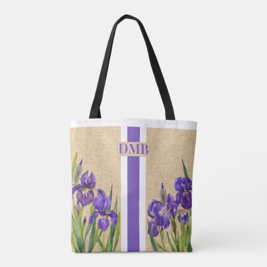Paarse Iris Flowers Monogram Faux Burlap Jute Tote Bag (Achterkant)