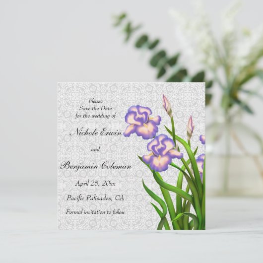 Paarse Iris Flowers van de Lente sparen de Datum Save The Date (Staand voorkant)
