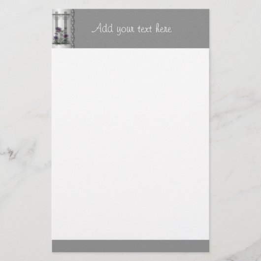 Paarse Iris Garden Gate Stationery met zilver Briefpapier (Voorkant)