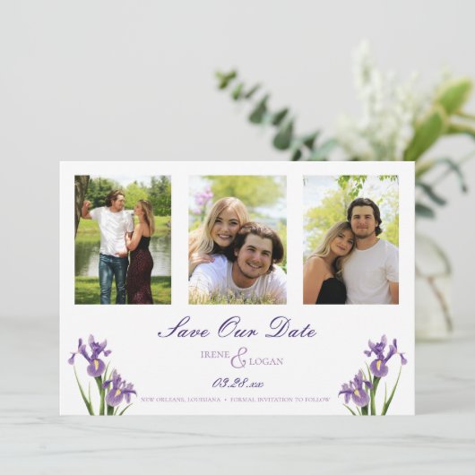 Paarse Iris Garden Photo Save the Date (Staand voorkant)