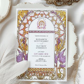 Paarse Iris & Gele Lelie Art Nouveau Bruiloft Kaart