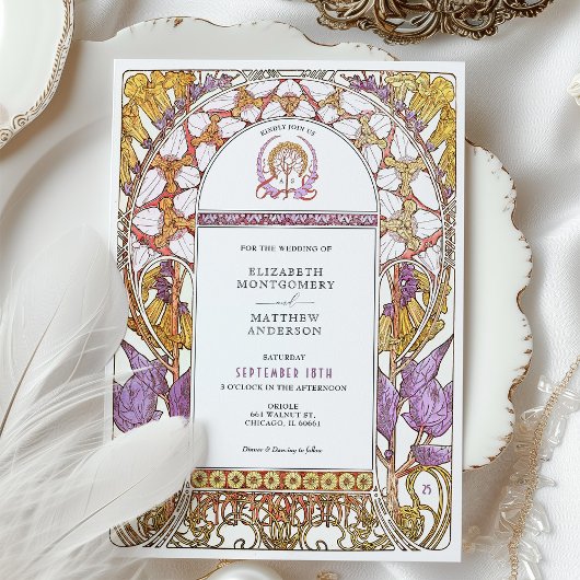 Paarse Iris & Gele Lelie Art Nouveau Bruiloft Kaart