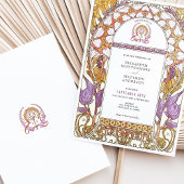 Paarse Iris & Gele Lelie Art Nouveau Bruiloft Kaart