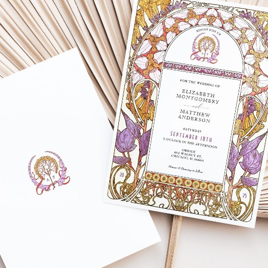 Paarse Iris & Gele Lelie Art Nouveau Bruiloft Kaart