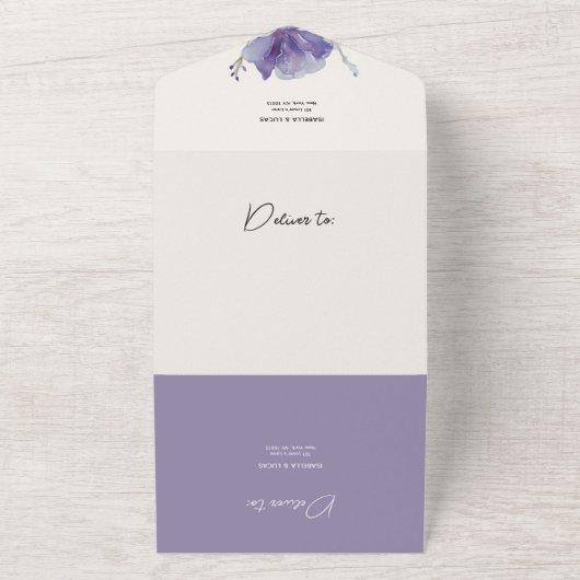 Paarse Iris Leaves Wedding All In One Uitnodiging (Buitenkant)